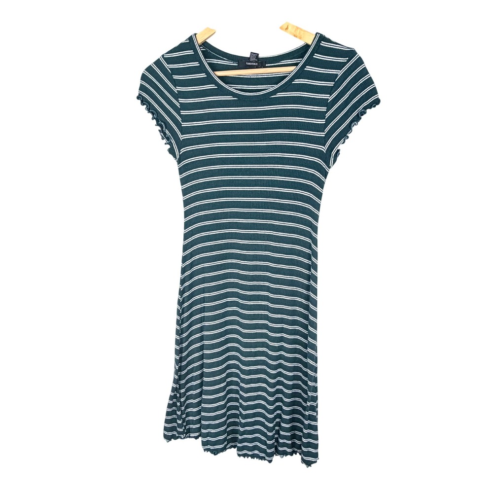 Striped Ribbed Skater Dress L‎ Green White Lettuce Edge Knit Mini Indie Preppy